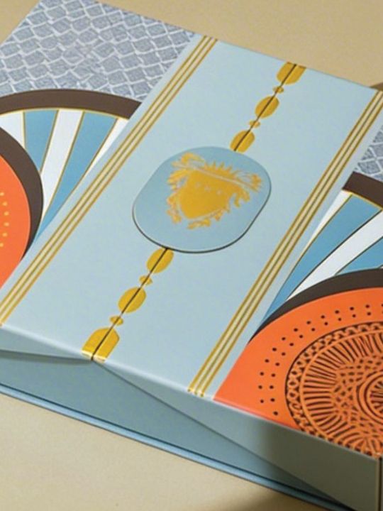 Heritage gift box with orange and blue patterns